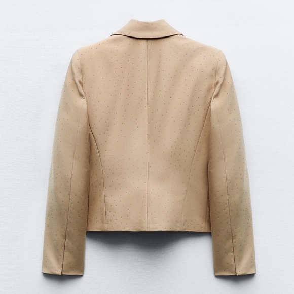 New Zara embellished rhinestone semi dropped blazer beige tan neutral sparkle - Picture 14 of 15